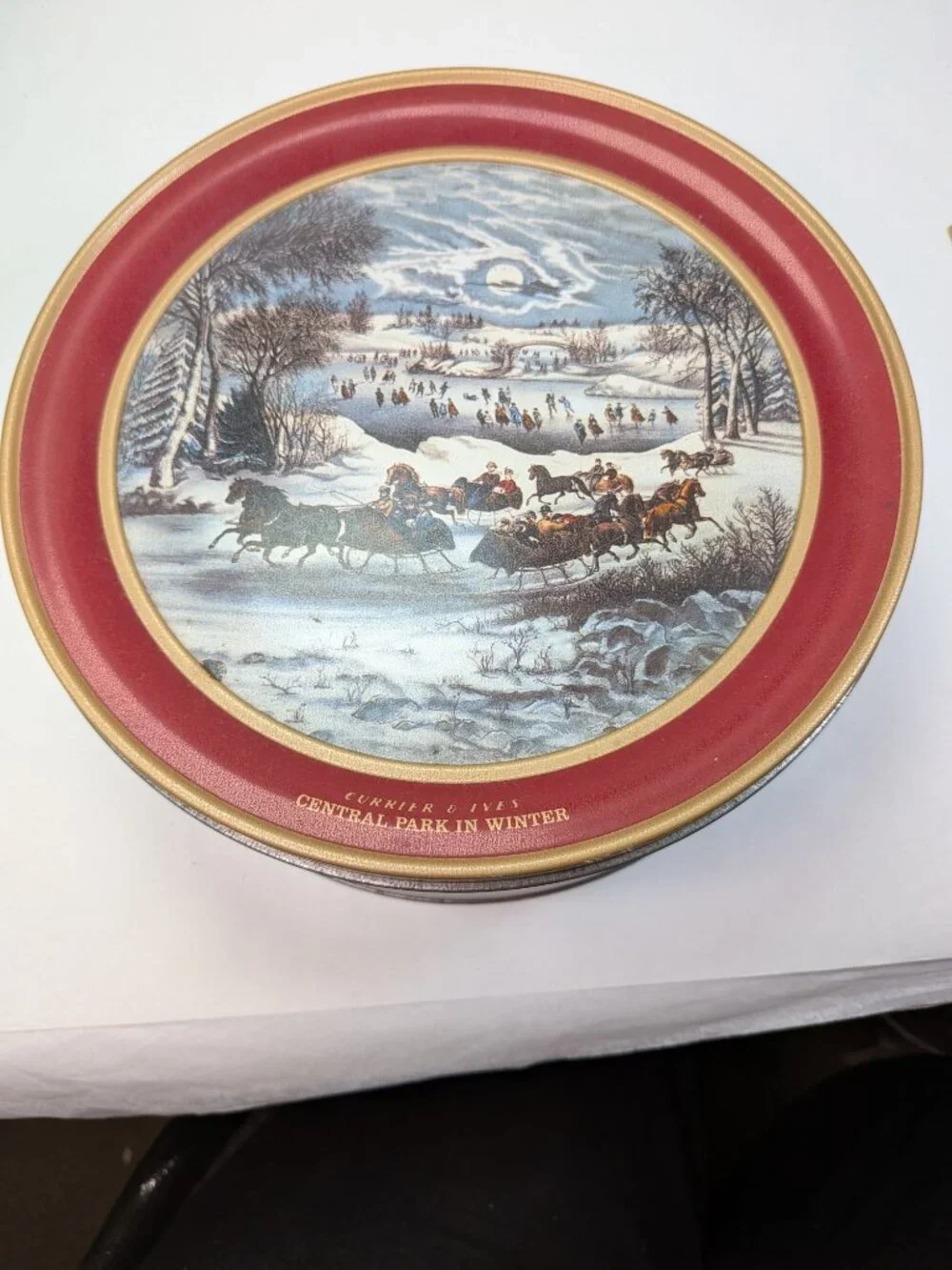 Vintage Currier Ives Central Park in Winter Holiday Cookie Tin Lid Plaque 10x3.7